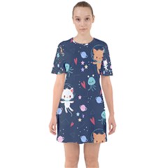 Cute Astronaut Cat With Star Galaxy Elements Seamless Pattern Sixties Short Sleeve Mini Dress