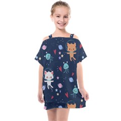 Cute Astronaut Cat With Star Galaxy Elements Seamless Pattern Kids  One Piece Chiffon Dress by Grandong