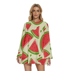 Cute Watermelon Seamless Pattern Round Neck Long Sleeve Bohemian Style Chiffon Mini Dress by Grandong