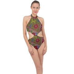 Authentic Aboriginal Art - Connections Halter Side Cut Swimsuit