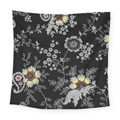 Black Background With Gray Flowers, Floral Black Texture Square Tapestry (large) by nateshop