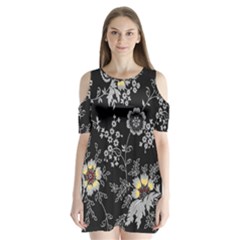 Black Background With Gray Flowers, Floral Black Texture Shoulder Cutout Velvet One Piece by nateshop