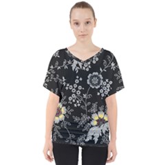 Black Background With Gray Flowers, Floral Black Texture V-neck Dolman Drape Top by nateshop