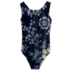 Black Background With Gray Flowers, Floral Black Texture Kids  Cut-out Back One Piece Swimsuit by nateshop