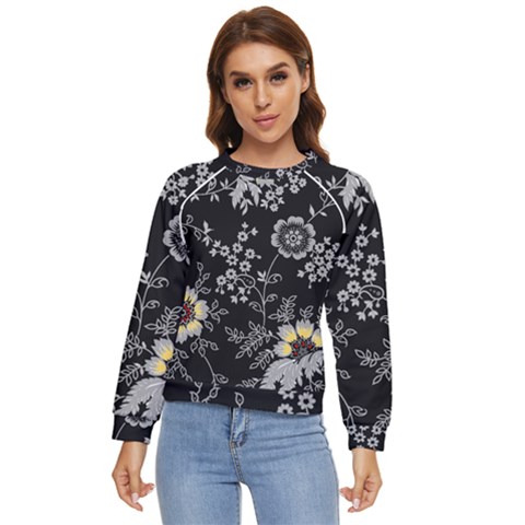 Black Background With Gray Flowers, Floral Black Texture Women s Long Sleeve Raglan T-shirt by nateshop