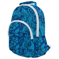 Blue Floral Pattern Texture, Floral Ornaments Texture Rounded Multi Pocket Backpack by nateshop