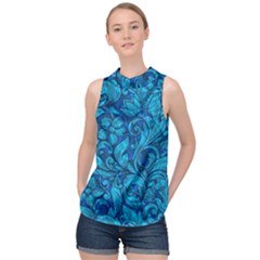 Blue Floral Pattern Texture, Floral Ornaments Texture High Neck Satin Top