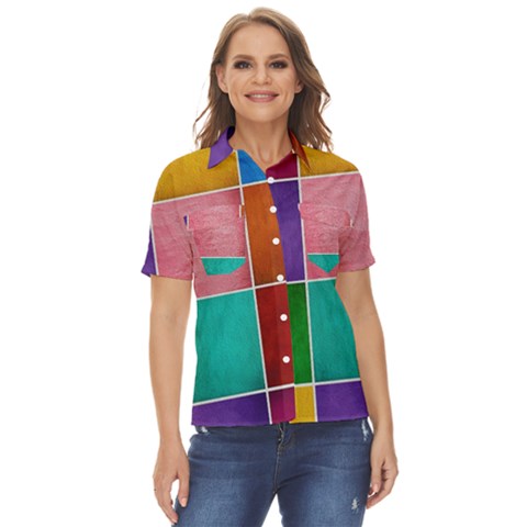 Colorful Squares, Abstract, Art, Background Women s Short Sleeve Double Pocket Shirt by nateshop