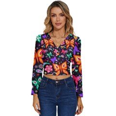 Floral Butterflies Long Sleeve V-neck Top by nateshop