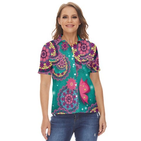 Floral Pattern, Abstract, Colorful, Flow Women s Short Sleeve Double Pocket Shirt by nateshop