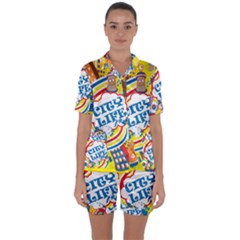 Colorful City Life Horizontal Seamless Pattern Urban City Satin Short Sleeve Pajamas Set by Bedest