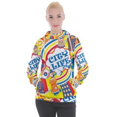 Colorful City Life Horizontal Seamless Pattern Urban City Women s Hooded Pullover