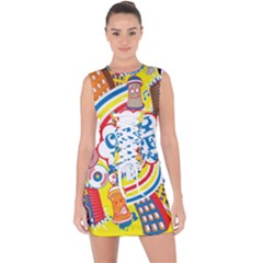 Colorful City Life Horizontal Seamless Pattern Urban City Lace Up Front Bodycon Dress by Bedest