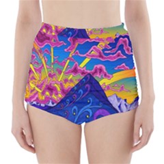 Blue And Purple Mountain Painting Psychedelic Colorful Lines High-waisted Bikini Bottoms by Bedest