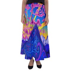 Blue And Purple Mountain Painting Psychedelic Colorful Lines Flared Maxi Skirt