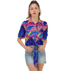 Blue And Purple Mountain Painting Psychedelic Colorful Lines Tie Front Shirt  by Bedest
