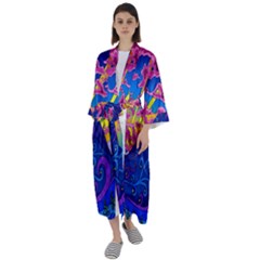 Blue And Purple Mountain Painting Psychedelic Colorful Lines Maxi Satin Kimono