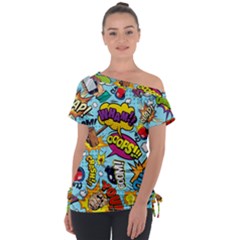 Comic Elements Colorful Seamless Pattern Off Shoulder Tie-up T-shirt