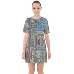 Arcade Game Retro Pattern Sixties Short Sleeve Mini Dress by Cemarart