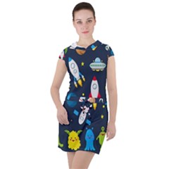 Big Set Cute Astronauts Space Planets Stars Aliens Rockets Ufo Constellations Satellite Moon Rover Drawstring Hooded Dress by Cemarart