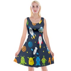 Big Set Cute Astronauts Space Planets Stars Aliens Rockets Ufo Constellations Satellite Moon Rover Reversible Velvet Sleeveless Dress by Cemarart