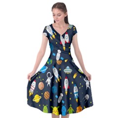 Big Set Cute Astronauts Space Planets Stars Aliens Rockets Ufo Constellations Satellite Moon Rover Cap Sleeve Wrap Front Dress by Cemarart