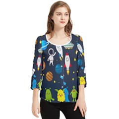 Big Set Cute Astronauts Space Planets Stars Aliens Rockets Ufo Constellations Satellite Moon Rover Chiffon Quarter Sleeve Blouse by Cemarart
