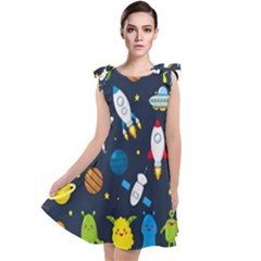 Big Set Cute Astronauts Space Planets Stars Aliens Rockets Ufo Constellations Satellite Moon Rover Tie Up Tunic Dress by Cemarart