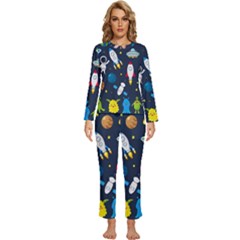 Big Set Cute Astronauts Space Planets Stars Aliens Rockets Ufo Constellations Satellite Moon Rover Womens  Long Sleeve Lightweight Pajamas Set by Cemarart