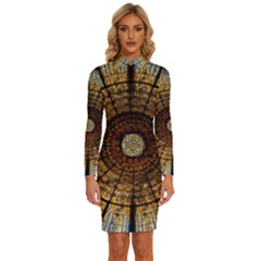 Barcelona Stained Glass Window Long Sleeve Shirt Collar Bodycon Dress by Cemarart