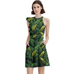 Banana Leaves Cocktail Party Halter Sleeveless Dress With Pockets