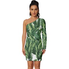 Green Banana Leaves Long Sleeve One Shoulder Mini Dress by goljakoff