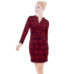 Red Floral Pattern Floral Greek Ornaments Button Long Sleeve Dress by nateshop