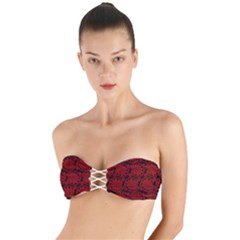 Red Floral Pattern Floral Greek Ornaments Twist Bandeau Bikini Top by nateshop