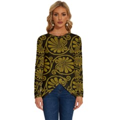 Yellow Floral Pattern Floral Greek Ornaments Long Sleeve Crew Neck Pullover Top by nateshop