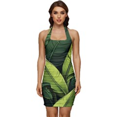 Banana Leaves Pattern Sleeveless Wide Square Neckline Ruched Bodycon Dress by goljakoff