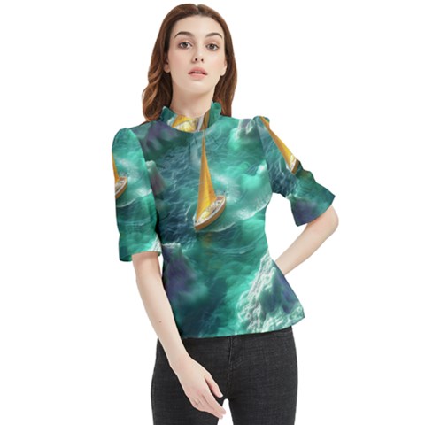 Mountain Wolf Tree Nature Moon Frill Neck Blouse by Cemarart