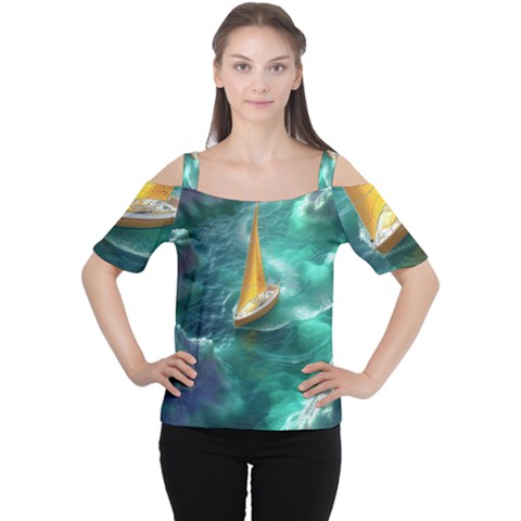 Dolphins Sea Ocean Cutout Shoulder T-shirt by Cemarart