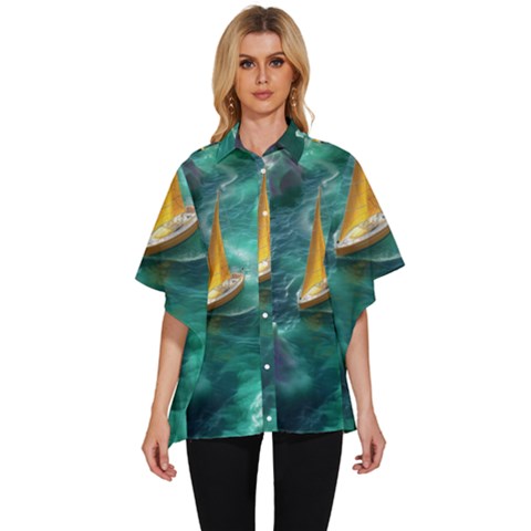 Moon Moonlit Forest Fantasy Midnight Women s Batwing Button Up Shirt by Cemarart