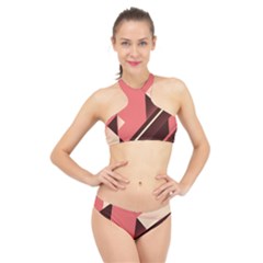 Retro Abstract Background, Brown-pink Geometric Background High Neck Bikini Set by nateshop