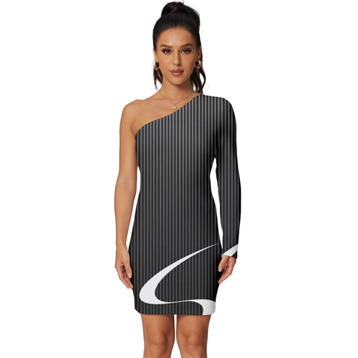 S Black Fingerprint, Black, Edge Long Sleeve One Shoulder Mini Dress