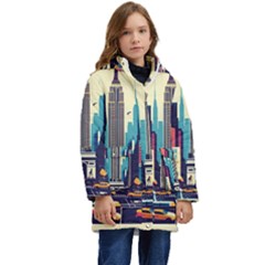 Skyscrapers City Usa Kids  Hooded Longline Puffer Jacket by Cemarart