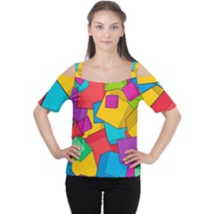 Abstract Cube Colorful  3d Square Pattern Cutout Shoulder T-shirt