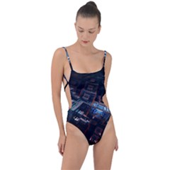 Fractal Cube 3d Art Nightmare Abstract Tie Strap One Piece Swimsuit by Cemarart