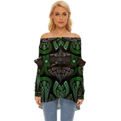 Fractal Green Black 3d Art Floral Pattern Off Shoulder Chiffon Pocket Shirt