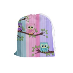 Owls Family Stripe Tree Drawstring Pouch (large)