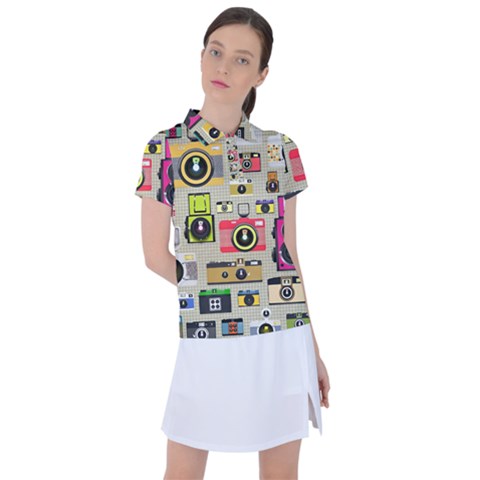 Retro Camera Pattern Graph Women s Polo T-shirt by Bedest