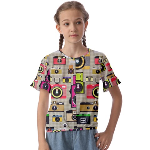 Retro Camera Pattern Graph Kids  Cuff Sleeve Scrunch Bottom T-shirt by Bedest