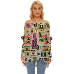 Retro Camera Pattern Graph Off Shoulder Chiffon Pocket Shirt by Bedest