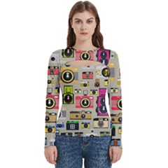 Retro Camera Pattern Graph Women s Cut Out Long Sleeve T-shirt by Bedest